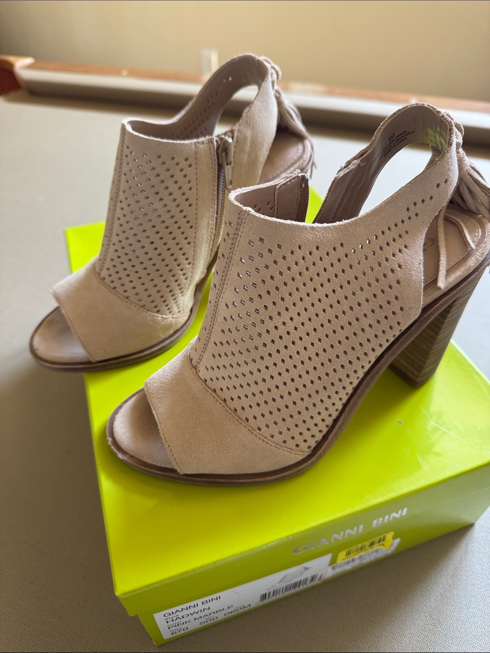 Gianni Bini Taupe Perforated Open-Toe Block Heel Sandals